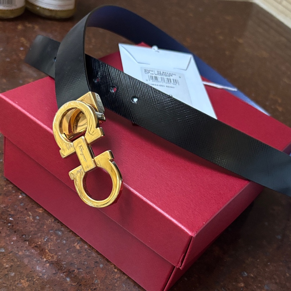 Salvatore Ferragamo 70 inch Gold Buckle Black/Blue belt reversible